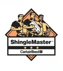 Logo of ShingleMaster by CertainTeed featuring three professional roofers, symbolizing expertise in roofing solutions. The design includes an orange diamond shape and the ShingleMaster certification, highlighting quality and professionalism in roofing services.