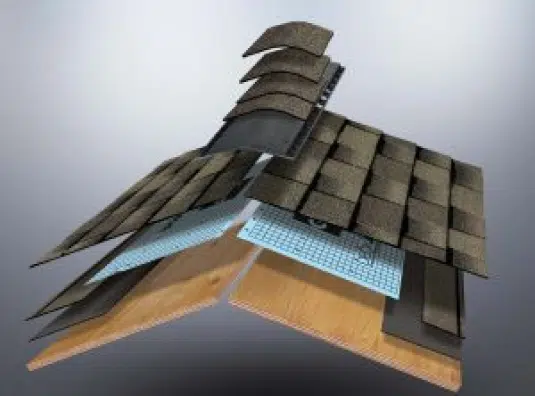 3D illustration of a roofing system showing layered construction, including shingles, underlayment, and wooden sheathing, highlighting the components of a durable and energy-efficient roof.