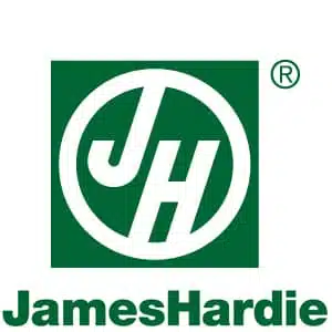 James Hardie logo featuring a green background with white letters "JH" inside a circle, accompanied by the brand name "James Hardie" in bold green text below. This logo represents a leading manufacturer of fiber cement siding and building materials.