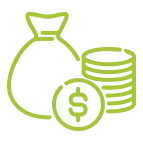 Green icon representing a money bag and stacked coins, symbolizing finance, savings, and investment.