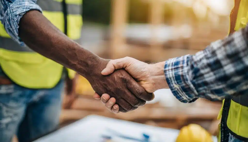 homeowner contractor shaking hands construction site symbolizing trust partnership ho 871349 20400